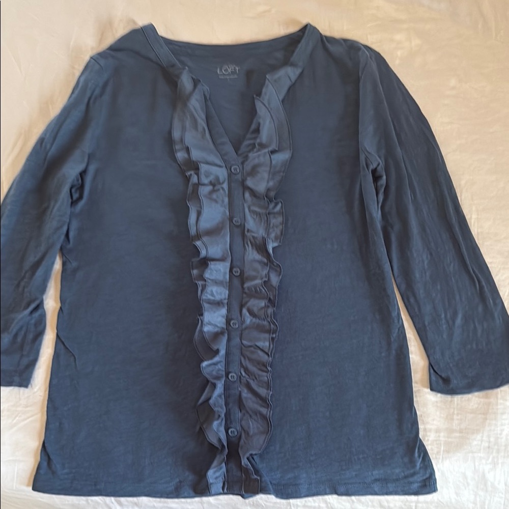 LOFT Blue Ruffle Button-Up